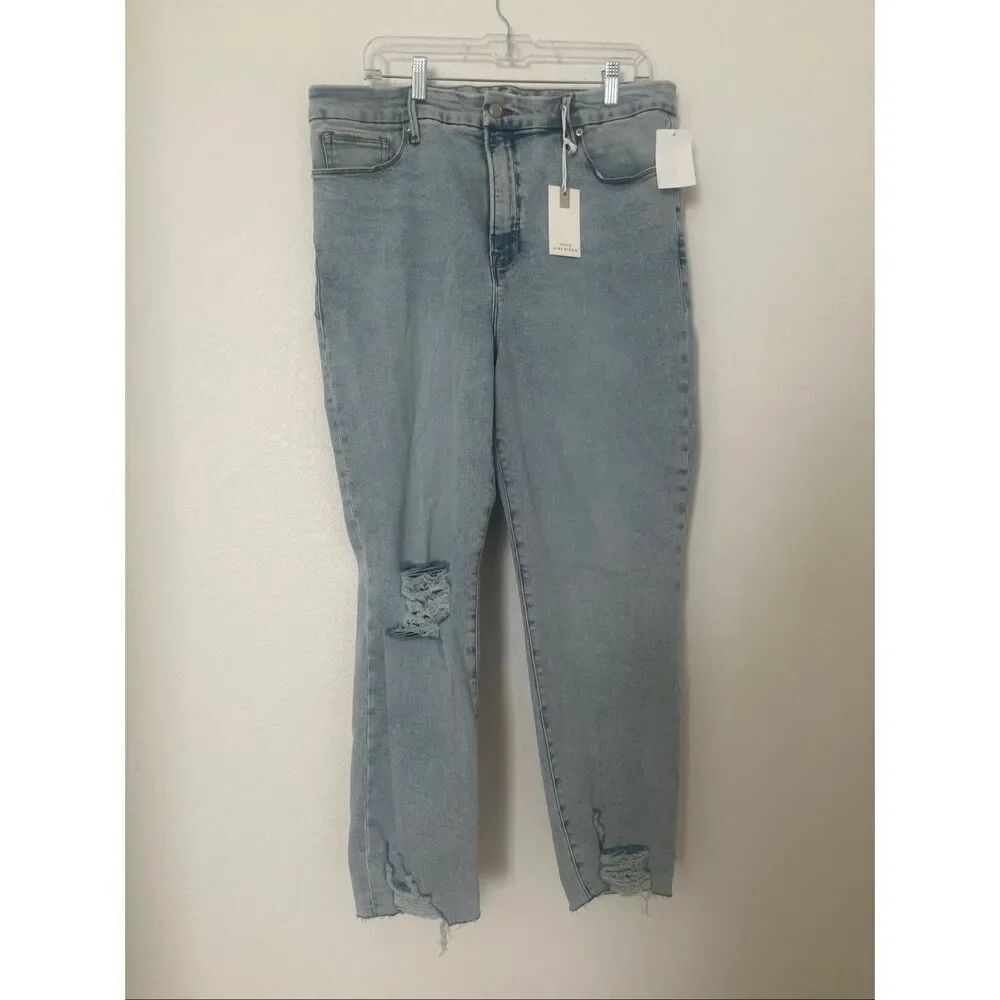 Good American Good Classic Jeans High Rise Skinny Fit Light Wash Distressed Size